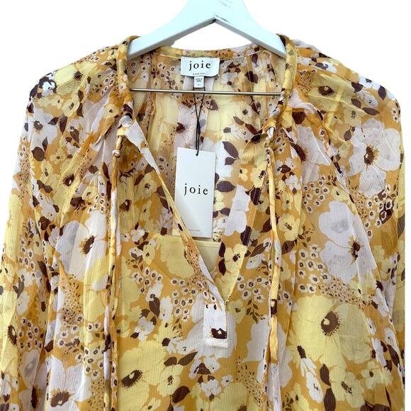 NWT Joie Brigitta Amber Gold Floral Blouson-Sleeve Blouse Size Large - Picture 2 of 11